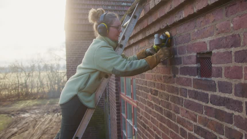 Woman balances on ladder and cuts external lamp with a small power saw