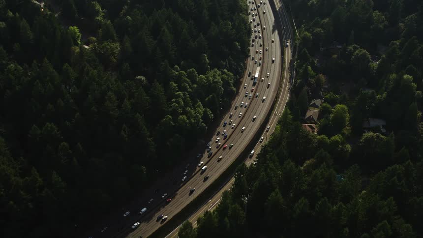 Aerial footage reveals Children's Museum nestled among trees as busy Highway 26 winds through Southwest Portland Oregon