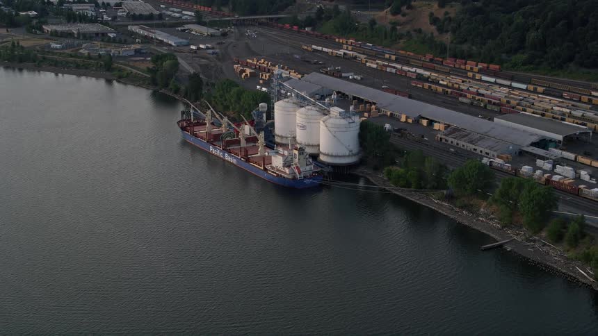 Aerial footage of a oil tanker approaching a loading dock beside a silo and train yard at sunset along the Willamette River in North Portland Oregon