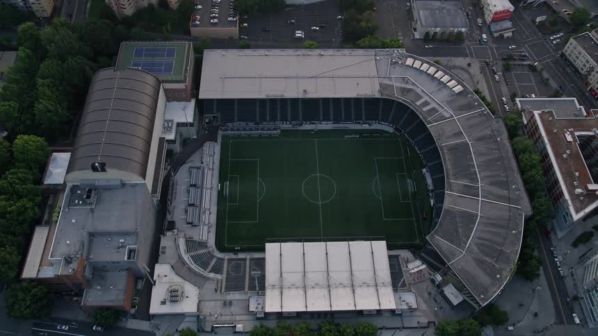 Aerial view of Providence Park formerly Jeld-Wen Field during sunset in downtown Portland Oregon