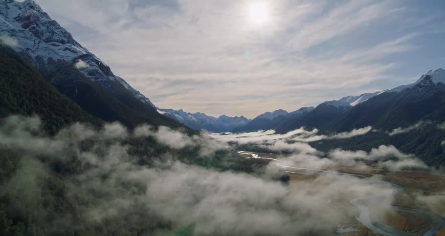 A nature landscape where there is a small stream crossing mountains and forests in different biomes