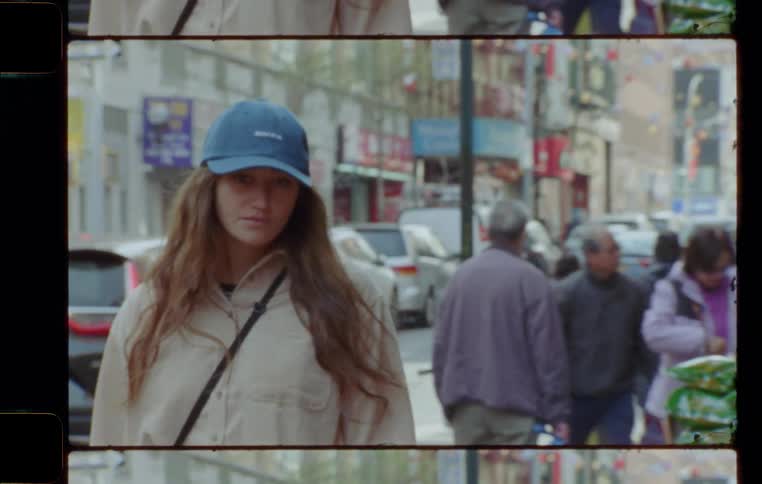 Woman with long hair and baseball cap walks down a city street
