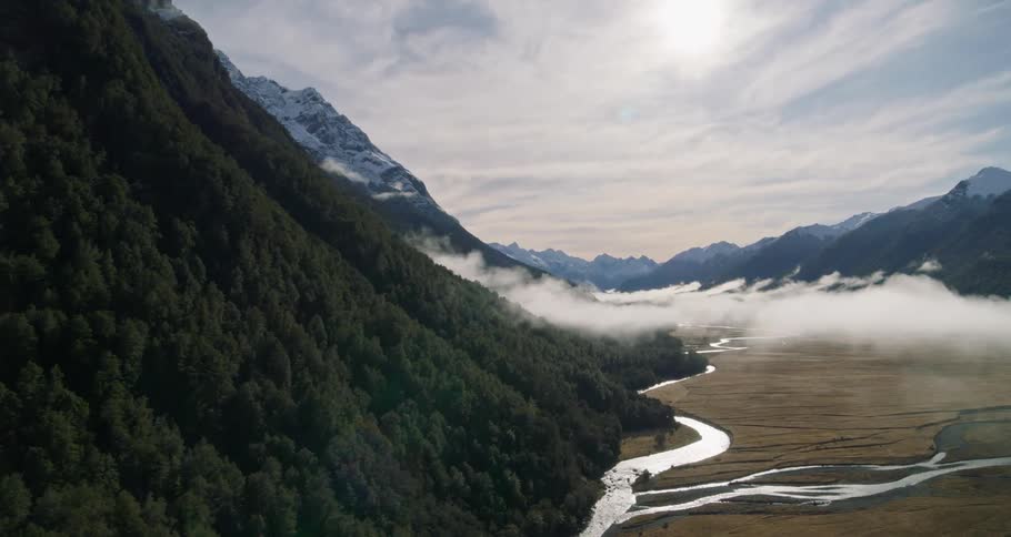 An aerial view of a creek flowing past a mountain of trees and undergrowth