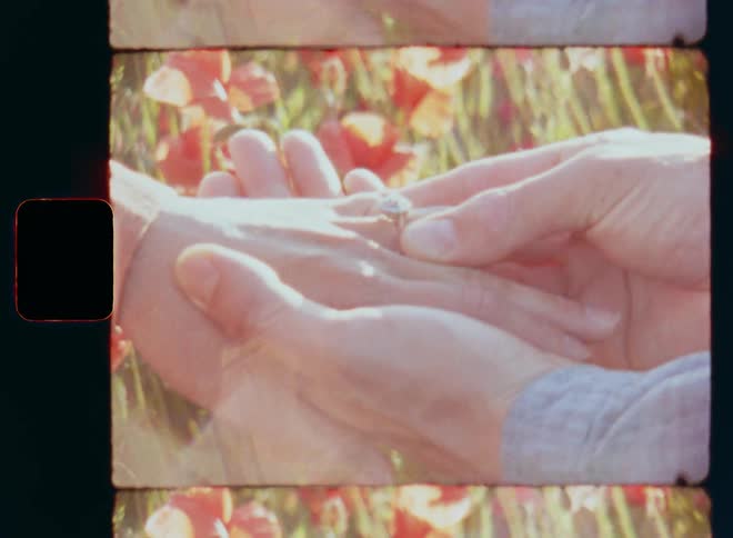 Super-8 closeup of a male hand with gray shirt sleeve placing a silver wedding or engagement ring with diamonds and jewels on a female hand with brown dress in a flower garden or green field with red roses or poppies in the background