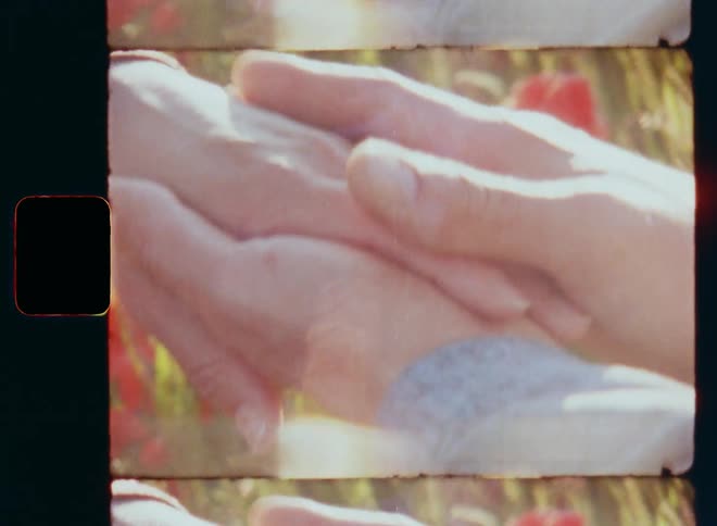 A man holds a female hand with smooth skin and a diamond engagement ring on the ring finger in his left hand and touches and caresses it in a soft and gentle way as they hold hands in a romantic field of red rose flowers and poppies on a sunny day