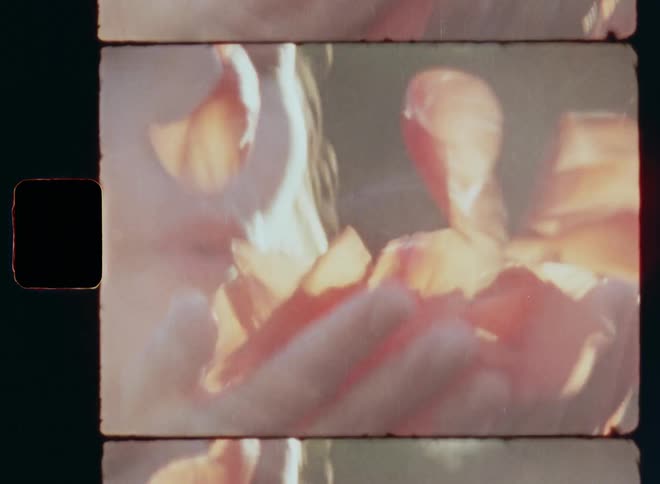 Super 8 mm closeup of a young woman with brown hair wearing a red dress on a sunny spring or summer time day smiling in a happy way and blowing off red flower petals of poppy flowers in the palms of her hands with lens flare and film grain