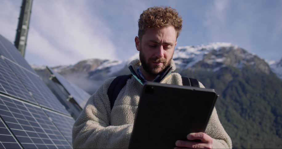 A man wearing a jacket and holding a tablet stands beside a row of solar panels behind him a majestic mountain with a snowcapped peak