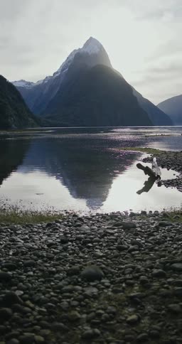 A lakeside full of rocks and on the horizon a huge mountain