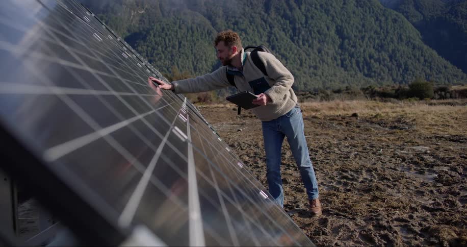 Man holding a tablet and inspecting the solar panels located in a natural area surrounded by mountains
