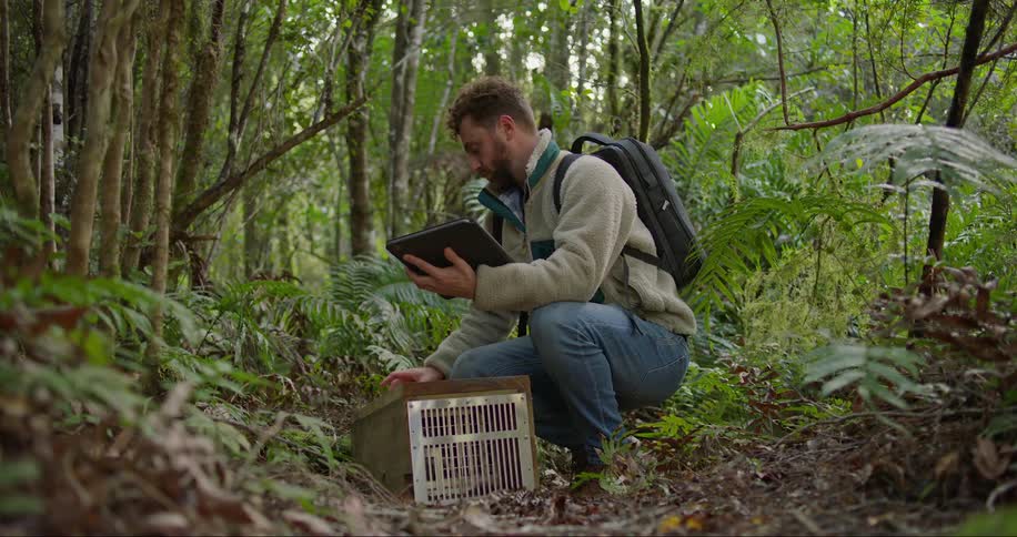 A man crouched in the woods fiddling with an electronic device next to a small cage