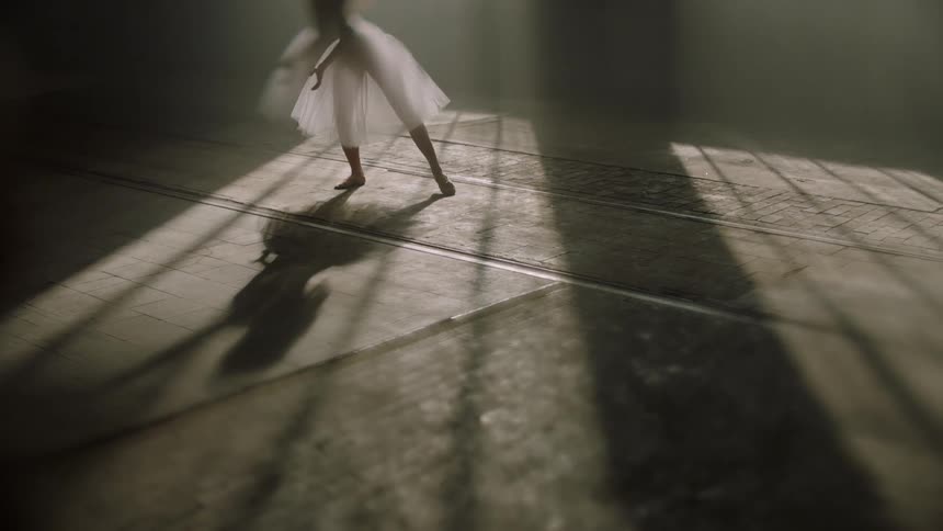 A ballerina practices in a tutu below a window casting her shadow on the floor