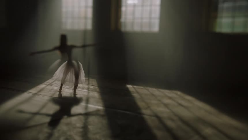 A female ballerina dances and spins in a room with large windows