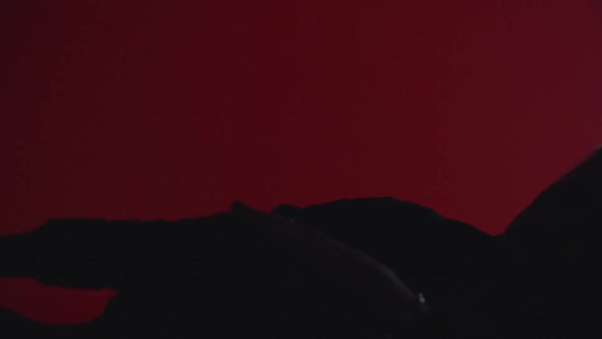 Silhouette of a couple dancing in front of a screen projecting red and white lines