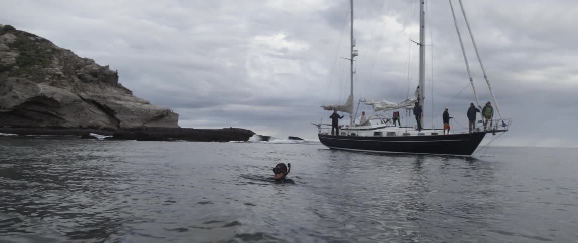 A person swims in scuba gear near a boat