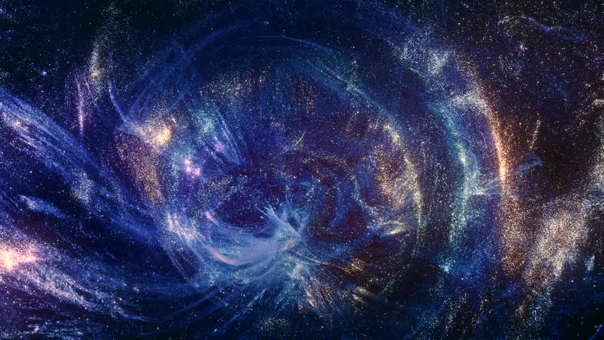 Expanding particles form ring in blue and purple mixture before layer of light forms