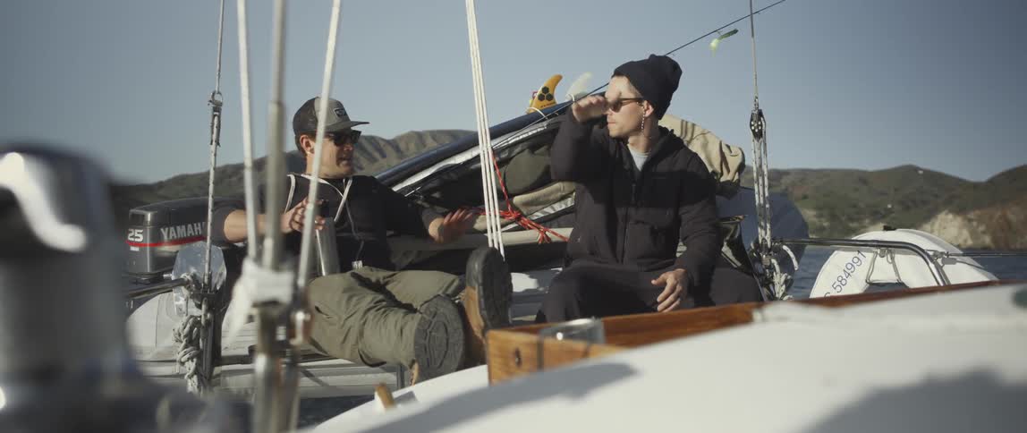 Two men on a boat on a clear day