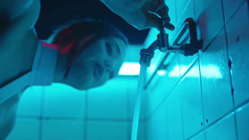 Young woman opening a tap and drinking water