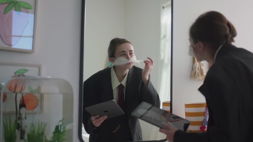 Young woman wearing a fictional mustache and suit mimicking an image she sees on her ipad
