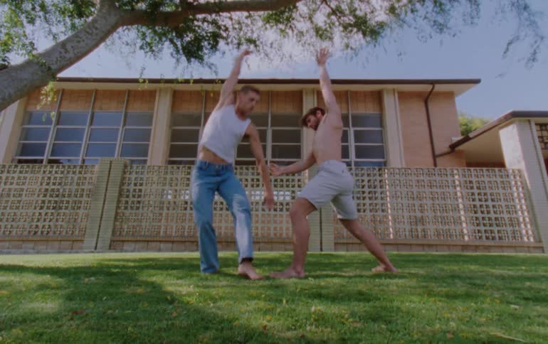 In a sunny front yard beneath a tree two men are gracefully dancing ballet on the grass one dons jeans and a singlet while the other wears shorts barechested expressing their artistry
