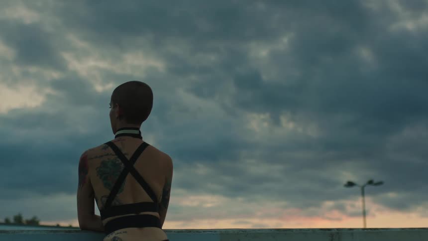 A woman leaning on a balcony looks around at dawn