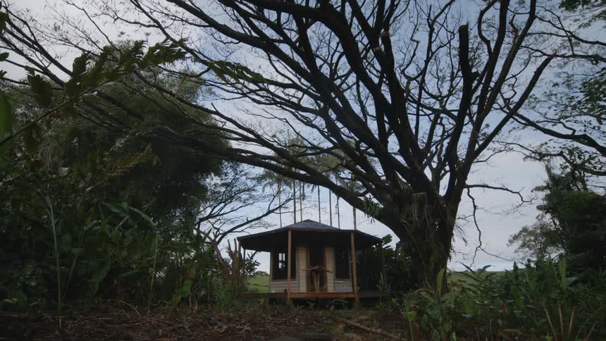 Woman gets out of a hut in the countryside to stretch