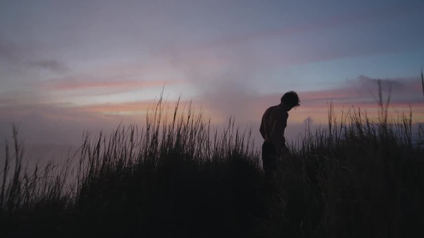 Man walking shirtless in an area full of grass at sunset