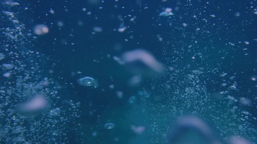 Huge groups of bubbles float underwater