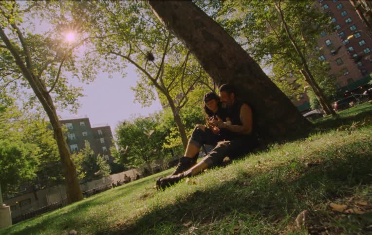 Pigeons fly around a father and daughter sitting under a tree in a park