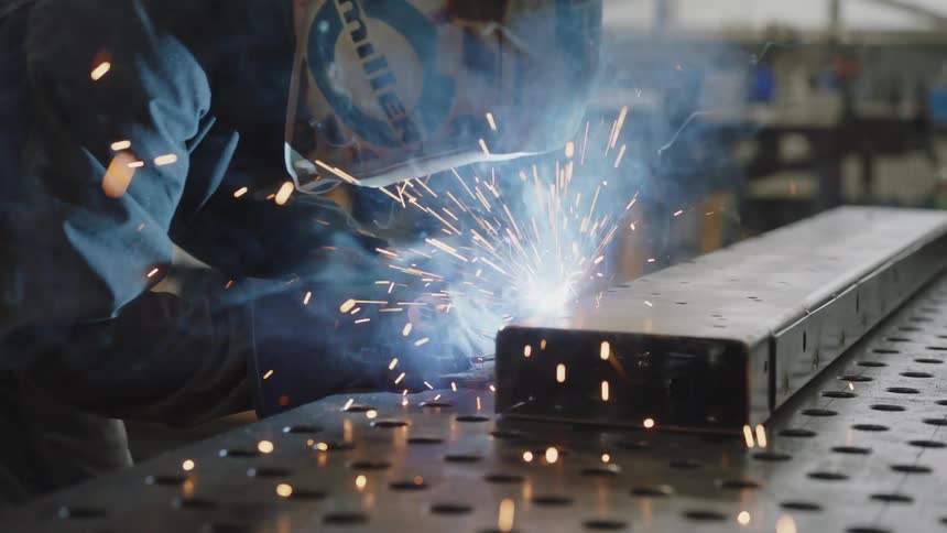 A person wearing protective equipment performing a welding task that causes it to emit a lot of sparks