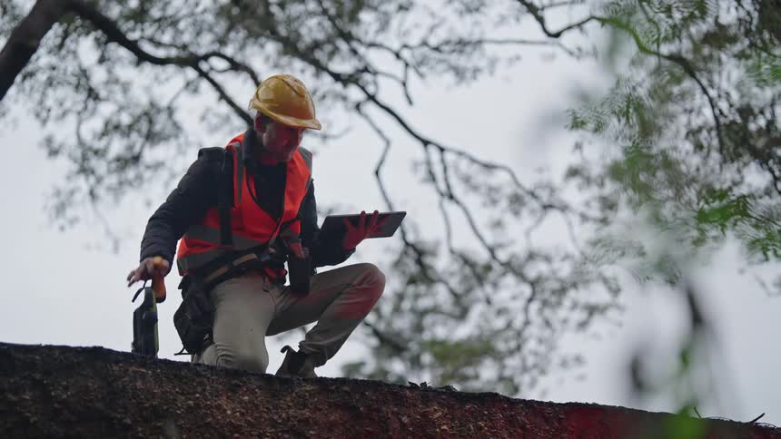 Worker wearing safety gear kneels on a hill and turns on a flashlight