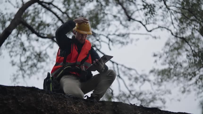 A man wearing safety gear crouched in a forest puts on a hardhat then types on a tablet