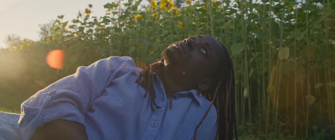 A man lying on the ground in a natural setting surrounded by sunflowers with sunlight in the background
