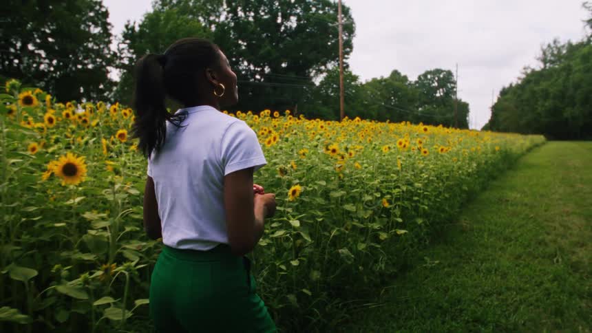 Woman walking in an outdoor environment with many sunflower plants
