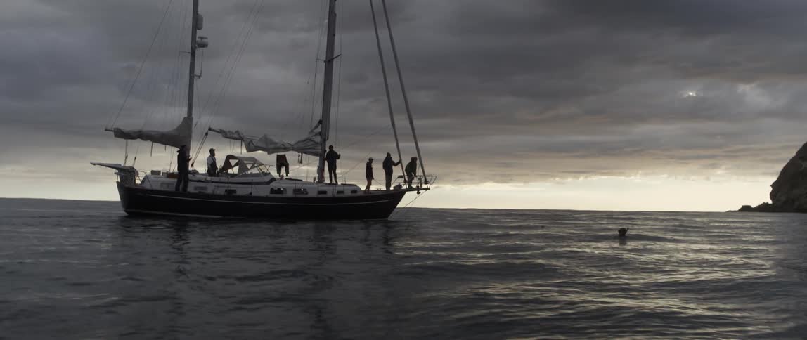 A person is swimming towards a boat full of people