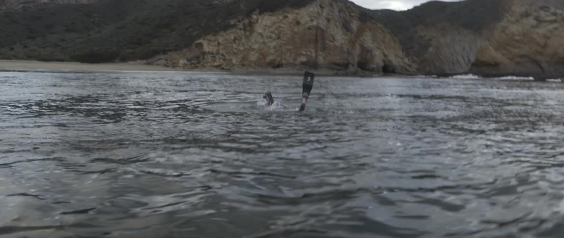 A scuba diver dives under water