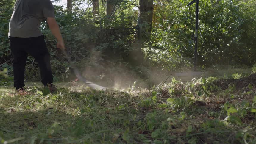Person raking in an outdoor environment in a garden covered with trees