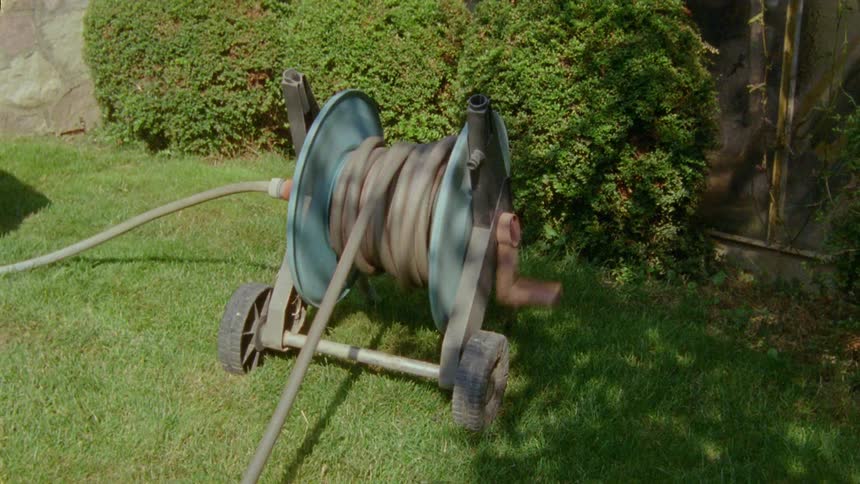 A hose reel is being pulled in the garden