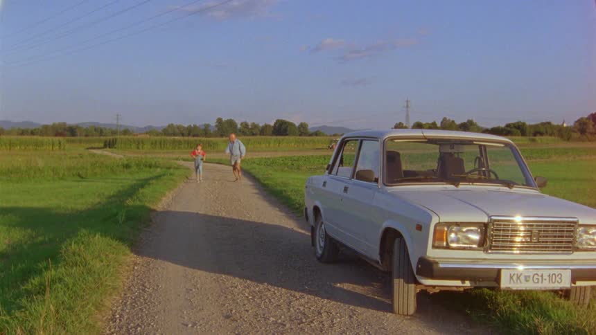 Child in red shirt and jeans and man with light blue shirt and shorts run to white car parked on country road