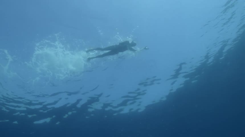 From underwater a person is seen swimming at the top