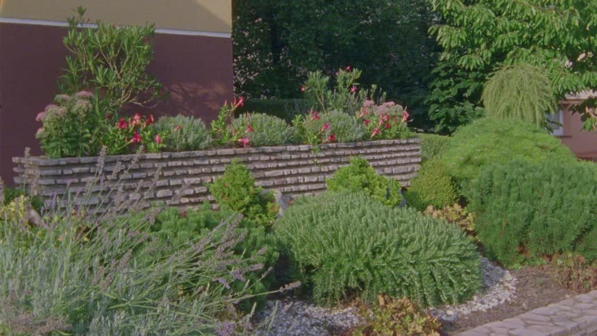 A garden with flowers and bushes in front of part of a house