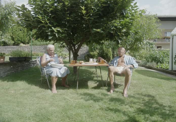 An elderly couple sitting around a table in the shade of a tree on the lawn
