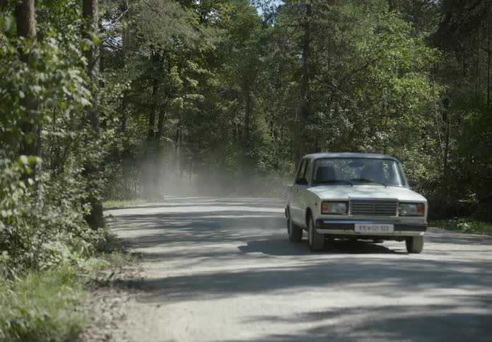 A car drives down a road surrounded by woodland trees