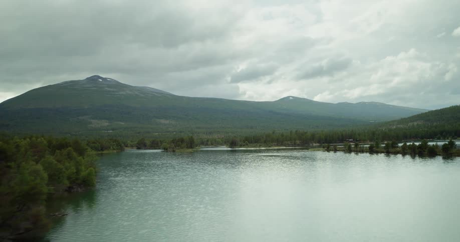 River amidst a forest with a chain of mountains in the background on a cloudy day