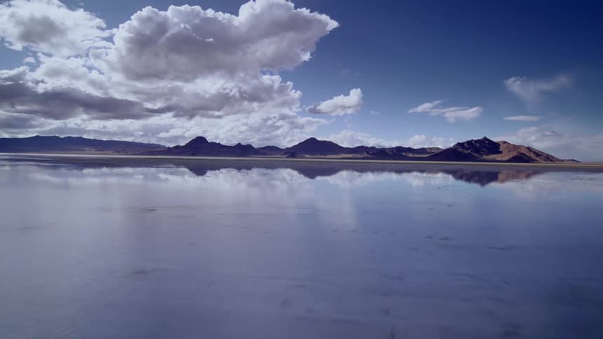 FPV drone footage of the flooded Bonneville Salt Flats in Utah