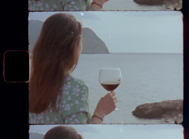 Woman with long loose brown hair and light green flower dress holding glass of wine while standing on a cliff by the sea looking at the beach and sun during romantic sunset on a warm summer evening on a remote tropical island with stunning nature