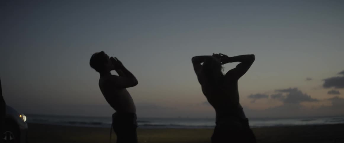 Two young men at a beach shout in celebration