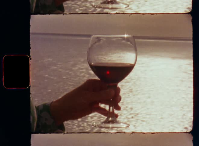 A brunette woman with long brown hair is drinking red wine on the shore or beach at the lake or sea holding the glass with her left arm showing a flowered green dress with long sleeves on warm summer or spring day while celebrating and enjoying