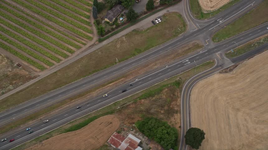 Bird's eye view of light traffic traveling on Highway 26 in Banks Oregon during summer