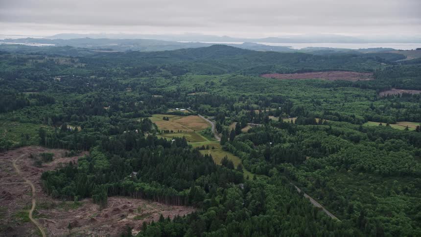 Aerial footage of a farm field evergreen forest and clear cut areas in Clatsop County Oregon with country roadways and mountains visible in the background during the summer