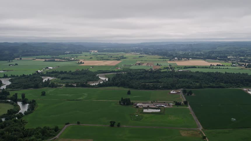 Aerial footage captures the scenic rural landscape of Satsop Washington with lush grassland agricultural fields and rustic farmsteads during a sunny summer day